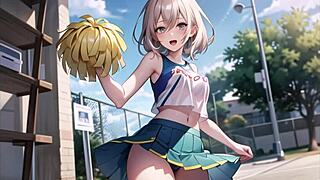 Hot anime cheerleader teases with tit flashes and masturbation