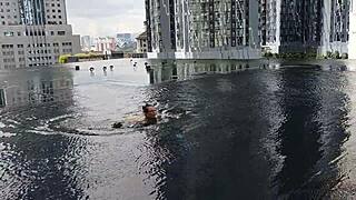 Hot pee streams down my legs in clubhouse shower close up. Feels so wild standing there exposed.