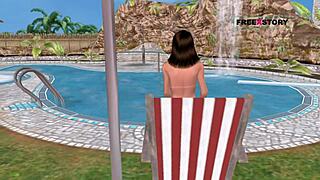an animated cartoon 3d porn - a cute girl giving sexy poses and taking shower near swimming pool
