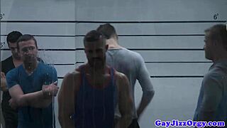 Gaysex orgy features hunks blowing during a mugshot. Wild scene unfolds fast.