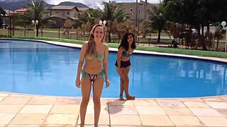 best friends take on a pool challenge involving yoga and water games