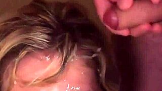 Hot peach receives jizz load on her face swallowing all the semen