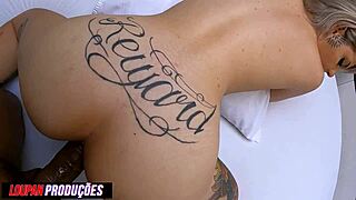 Blonde teen rides cowgirl, showing natural tits and ass