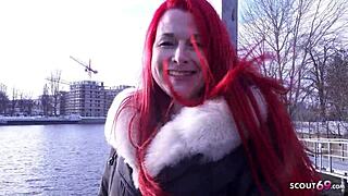 German scout picks up redhead pale MILF Mina Knight for a rough casting fuck in Berlin.
