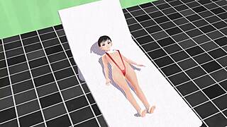 Leo anime girl swam in micro bikini with nip slip