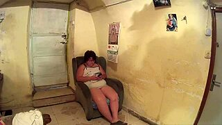 Disgusting fat woman eats my dick with food inside!