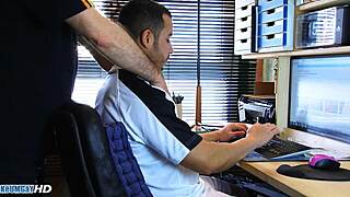 sexy delivery guy receives four-handed ass massage from muscular men