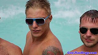 orgy loving athletic hunks in hardcore outdoor group fun with blowjobs and masturbation