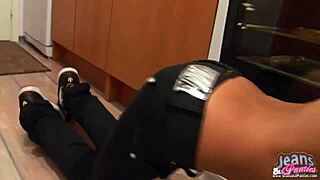 Babe asks for help removing her tight skinny jeans in amateur setting