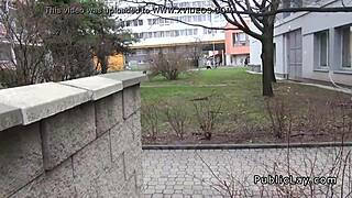 Natural Euro amateur blows and bangs hard in public spot