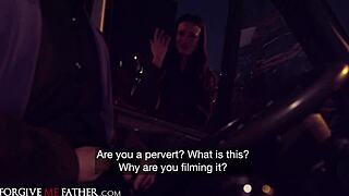 Cheating babe with big tits banged in public van