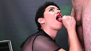 Cum drips from her mouth after wild clothes-ripping action in couple play