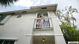 These horny babes are sharing the neighbor's big cock in a threesome