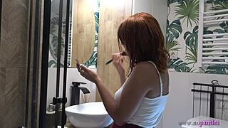 my hot redhead girlfriend teases with tight pussy in bathroom
