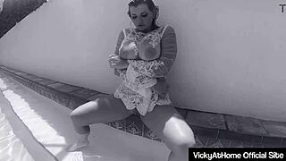 does this milf vicky vette drill her big pussy with a dildo by the pool?