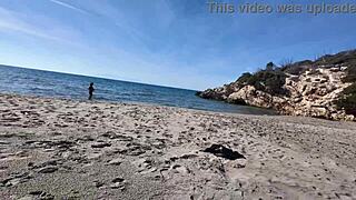 Curvy Nudist Stranger Teases Voyeur with Dildo on Beach