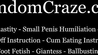 Mistress enjoys kicking slave's tiny balls playfully.