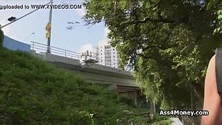 Banging blue-eyed sporty chick for cash outdoors.