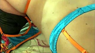 french amateur in leather pants satin lingerie bra thong garter belt heels stockings exhibitionism pov