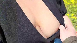 Does the beautiful chubby cutie give pov outdoor blowjob with big natural tits and juicy nipples playing with cum?