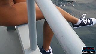 Exotic Playboy Model Gets Naked Outdoor And On A Boat. Ethnic Lingerie Striptease With Hairy Pussy.