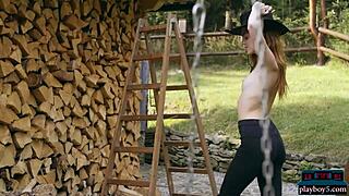 Tiny Teen 18+ Playboy Model Kate Great Strips Naked Outdoor Chopping Wood