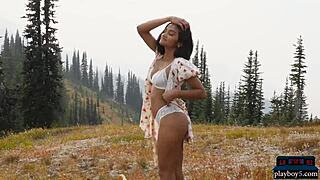 Exotic Playboy Model Gets Naked Outdoor And On A Boat. Ethnic Lingerie Striptease With Hairy Pussy.