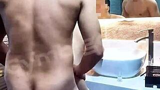 Handsome gay asian amateur couple fucking bareback in lingerie!