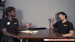 Muscle security officer drills gay guy bareback after hot blowjob