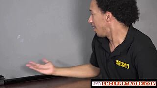 Muscle security officer drills gay guy bareback after hot blowjob