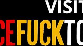 Submissive brunette babe gags on dick