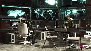 a cuffed japanese girl goes wild with sex in a sci-fi military bunker setting