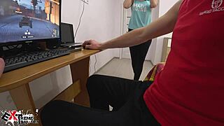 Damn, brunette babe deep sucks boyfriend's huge cock while gaming!