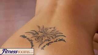 fitness room huge natural tits babe rubs wet pussy on young gym cutie