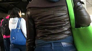 touching brown nylon jacket of chubby girl on street!