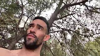 big cock european stud jerks off his monster cock on outdoor public trail, ending in cumshot