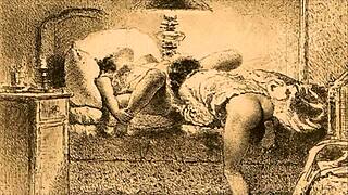 vintage erotic illustration, antique hentai anime cartoon comic retro.