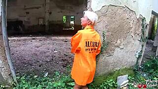 The sexy prisoner was deep sucking a monster cock and got anal fucked in the abandoned place, ending with a facial