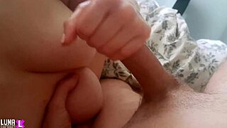 couple starts morning with handjob, cum on her big boobs