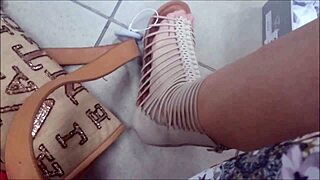 Sexy Redhead Tries Sandals in Shop, Wanna Suck Her Bare Feet?