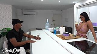 pretty curvy girl interacts with jesus reyes in a casual scene