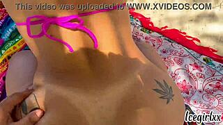 Latina shakes ass in lingerie, gets wet on beach!