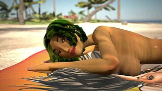 Oily babe gets pussy pounded at the beach in 3D animation.