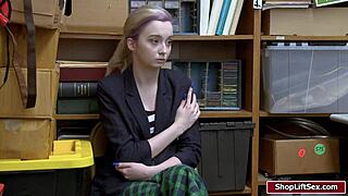 Blonde shoplifter feels intense pleasure as her shaved pussy gets banged doggystyle