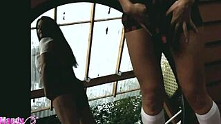 Outdoor Brunette Rips Clothes In Striptease