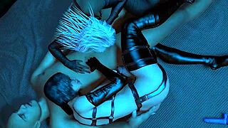 guy is spooning with two beautiful ladyboys in this hentai scene. they enjoy blowjobs and bareback action