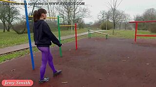 jeny smith feels great during her pantyhose workout outdoors