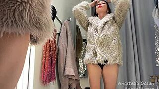 Blonde Slut Tries Clothes on Hot Body in Public Changing Room at Shopping Center