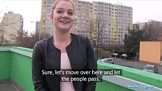 Public agent innocent looking ginger girl over car bonnet