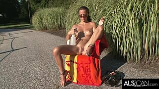 brunette babe suns her skinny body, getting wet and horny before close-up clit masturbation.